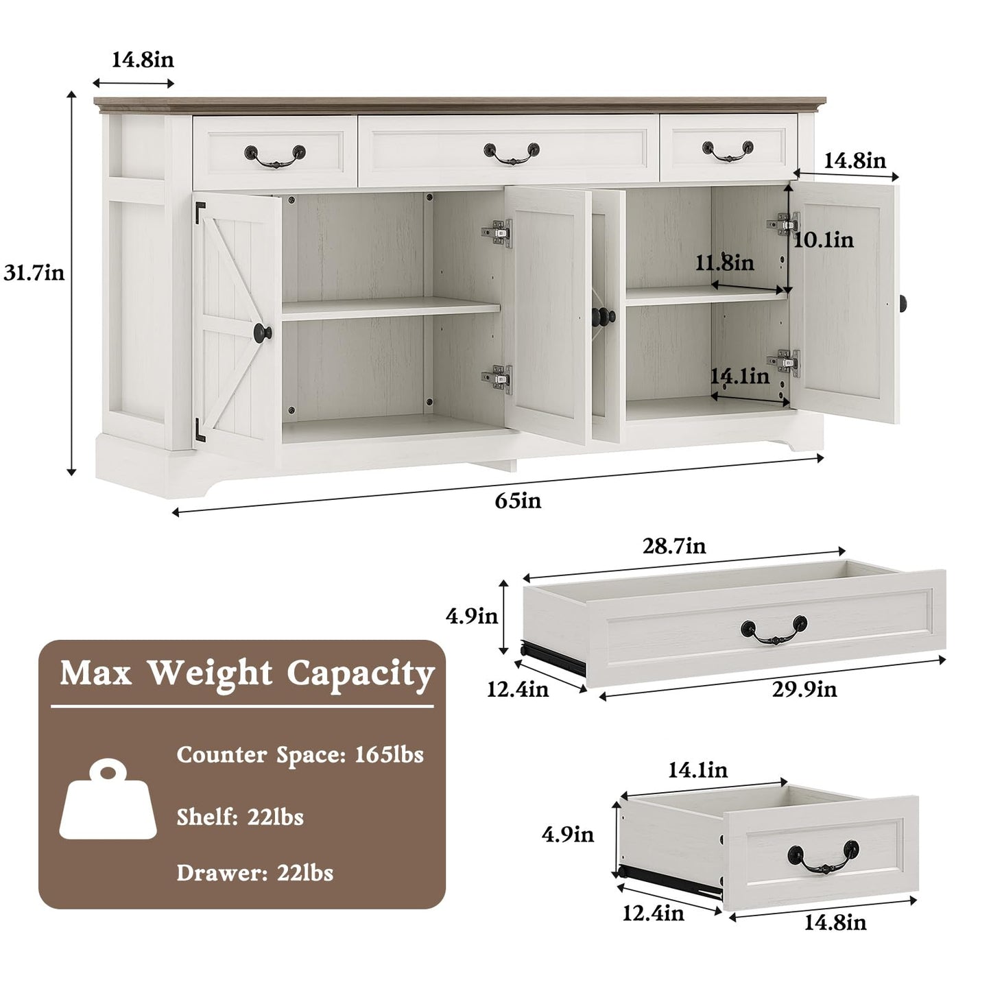 Vipbear 65" Large Sideboard Buffet Cabinet, Farmhouse Kitchen Sideboard Cabinet Buffet with Storage 3 Drawers, Coffee Wine Bar Cabinet with Storage for Living Room, Kitchen, White