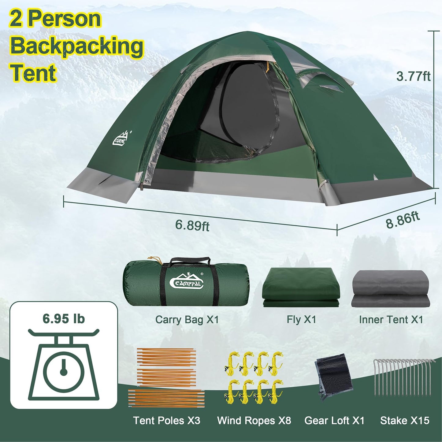 Camppal 2 Person Backpacking Tent, Waterproof 4 Season Tent, Windproof Rainproof Cold Weather Winter Tent for Camping, Hiking, Hunting, Motorbiking, Cycling - Green