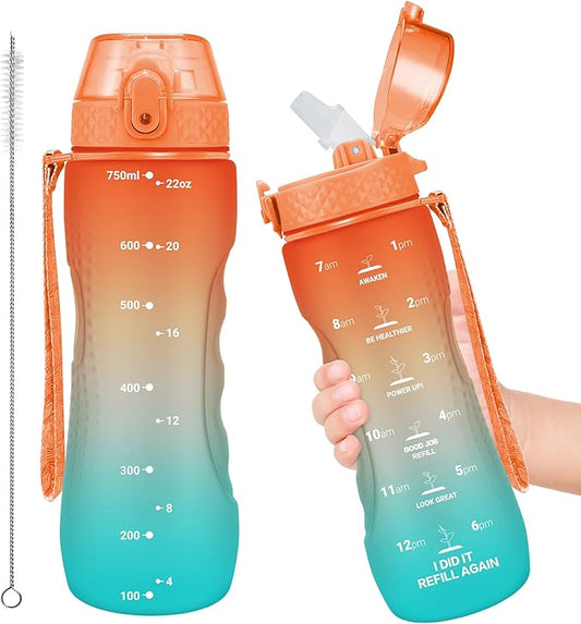 OLDLEY Kids Water Bottle for School, 25 oz (Straw Lid) BPA-Free Reusable Leak-proof Durable Tritan Plastic Water Bottles with One-handed Opening Straw Lids, Anti-dust Spout Cover (Sunflower)