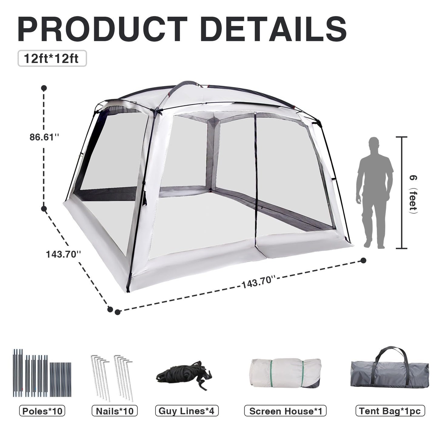 Thinlute 12' X 12' Screen Tent for Camping Canopy Easy Set Up Camper Screen House Room Porch Screened Gazebo 8-10 Person Screenhouse Bug Mesh Shade Tent UPF 50+ Screen Sun Shelter for Outdoor Patios