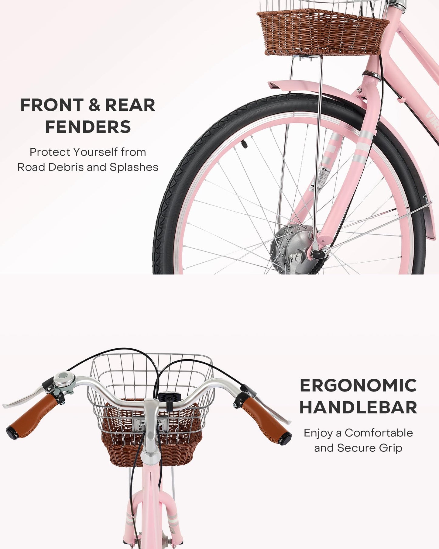 Viribus Beach Cruiser Bike for Women, Step Through Bike with Ratten Basket, Rack & Lock, 24 inch 1 Speed, City Commuter Cruiser Bike, Adult Bicycle for Short Ladies Female Seniors 330 lb. Pink