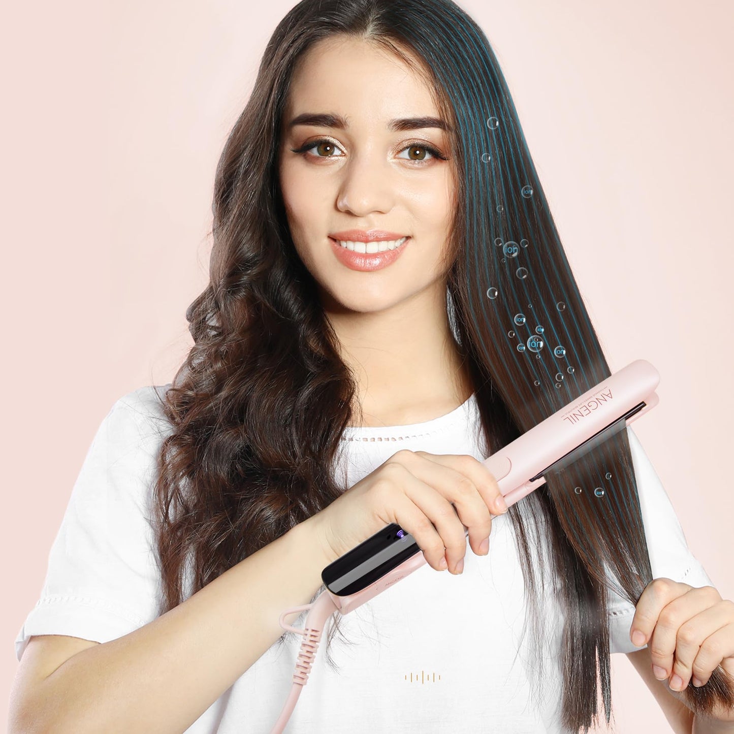 ANGENIL Pro Titanium Flat Iron Hair Straightener and Curler 2 in 1, Round Pink Dual Voltage Hair Straightener Irons with Heat Resistant Silicone Mat Hot Tools, Large LCD Display, 20S Fast Heating