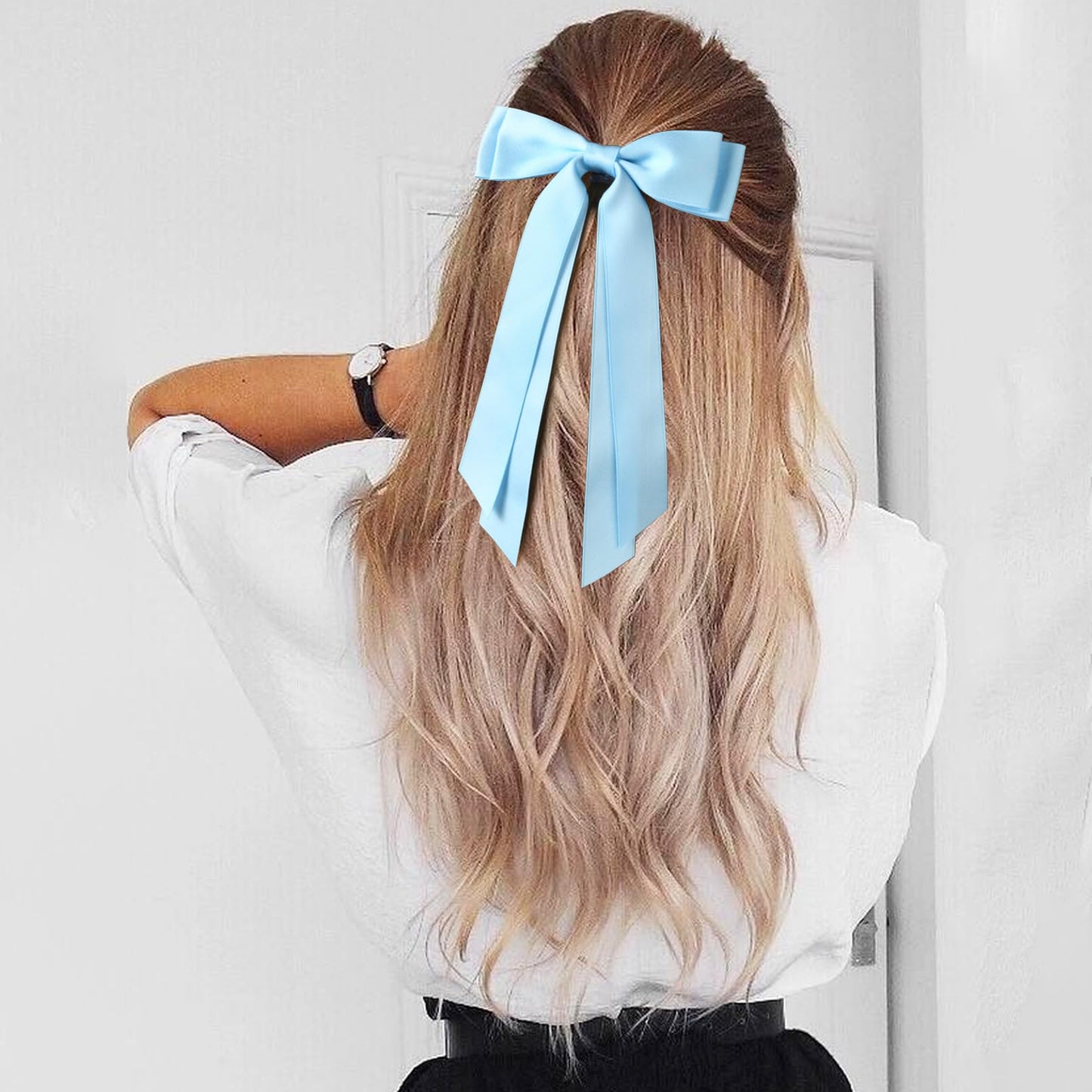 Aileam 2PCS Silky Satin Hair Bows Hair Clip Blue Purple Hair Ribbon Ponytail Holder Accessories Slides Metal Clips Hair Bow for Women Girls Toddlers Teens Kids