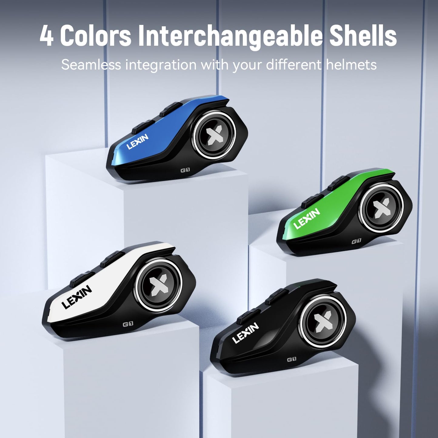 LEXIN G1 Motorcycle Bluetooth Headset, Helmet Speakers with 2 Type Mics, Hands-Free Call/Music/GPS, IP67 Waterproof Motorcycle Headphones with HD Stereo Loud Sound, 4 Color Faceplates, Singe Use