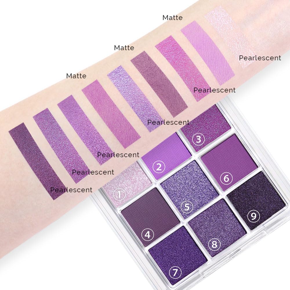 AMY'S DIARY Deep Light Purple Matte Shimmer Eye Shadow Palette Makeup,Eyeshadow Long Lasting Waterproof Cruelty-Free, 9 Blendable Shades in Smooth with Gorgeous Pearls for Girls (Purple palette)