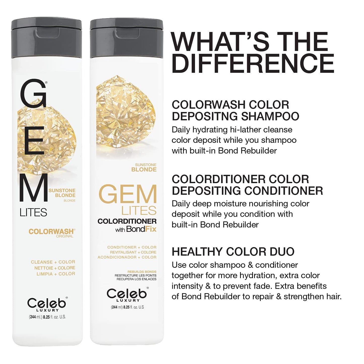 Celeb Luxury Gem Lites Colorwash, Professional Semi-Permanent Hair Color Depositing Shampoo, Sunstone