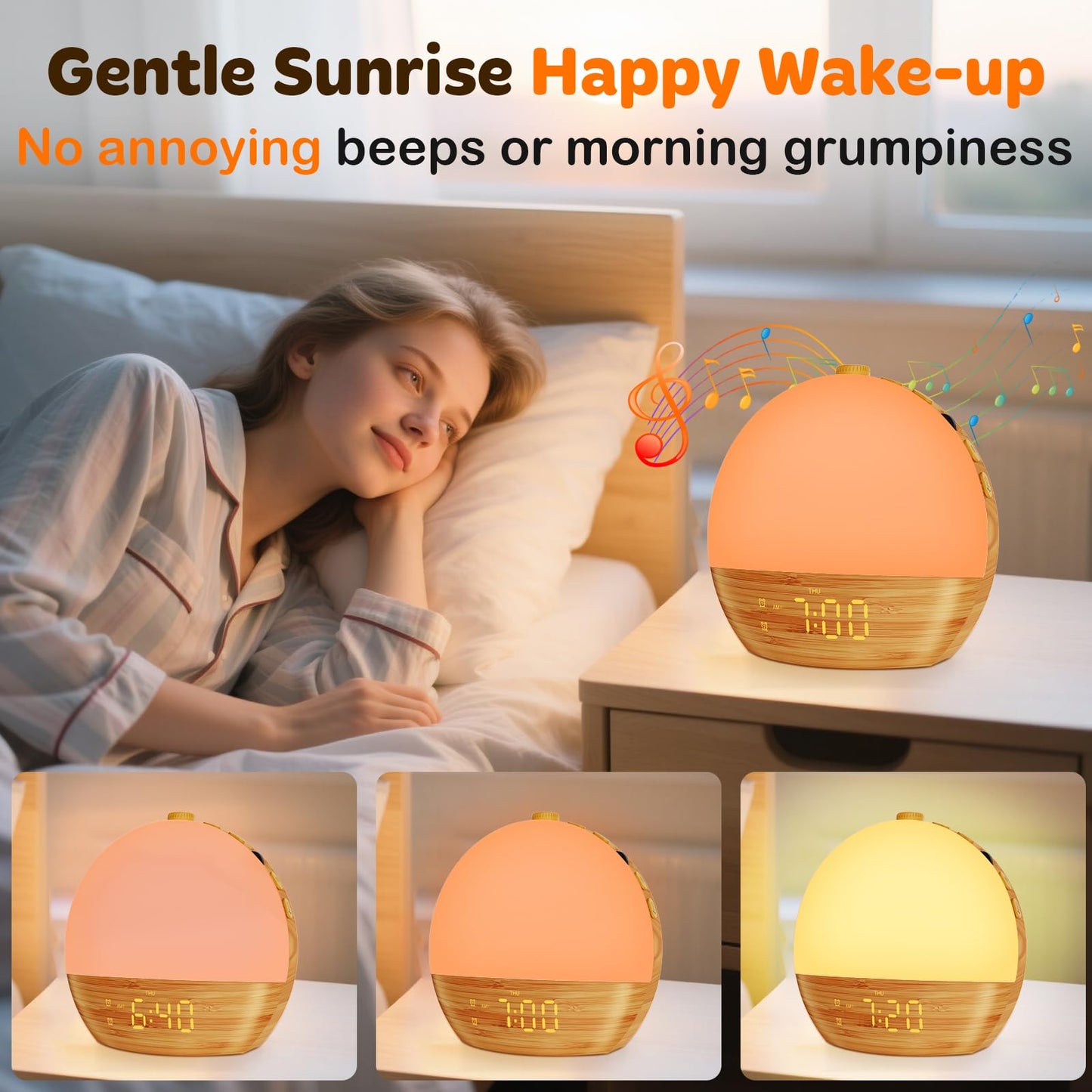 Sunrise Alarm Clock with Sound Machine - Wake Up Light, Wood Grain, Bluetooth, Dual Digital Alarm Clocks for Bedrooms, Adjustable Brightness, 30 Sleep Sounds, White Noise Machine for Baby & Adults