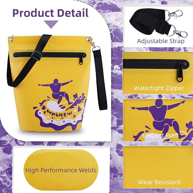 WALNEW Waterproof Dry Bag with Watertight Zipper, Lightweight Waterproof Pouch for Women Men, IPX5 Crossbody Dry Sack Keeps Gear Dry for Kayaking, Beach, Boating, Camping, Fishing, Hiking (YELLOW)