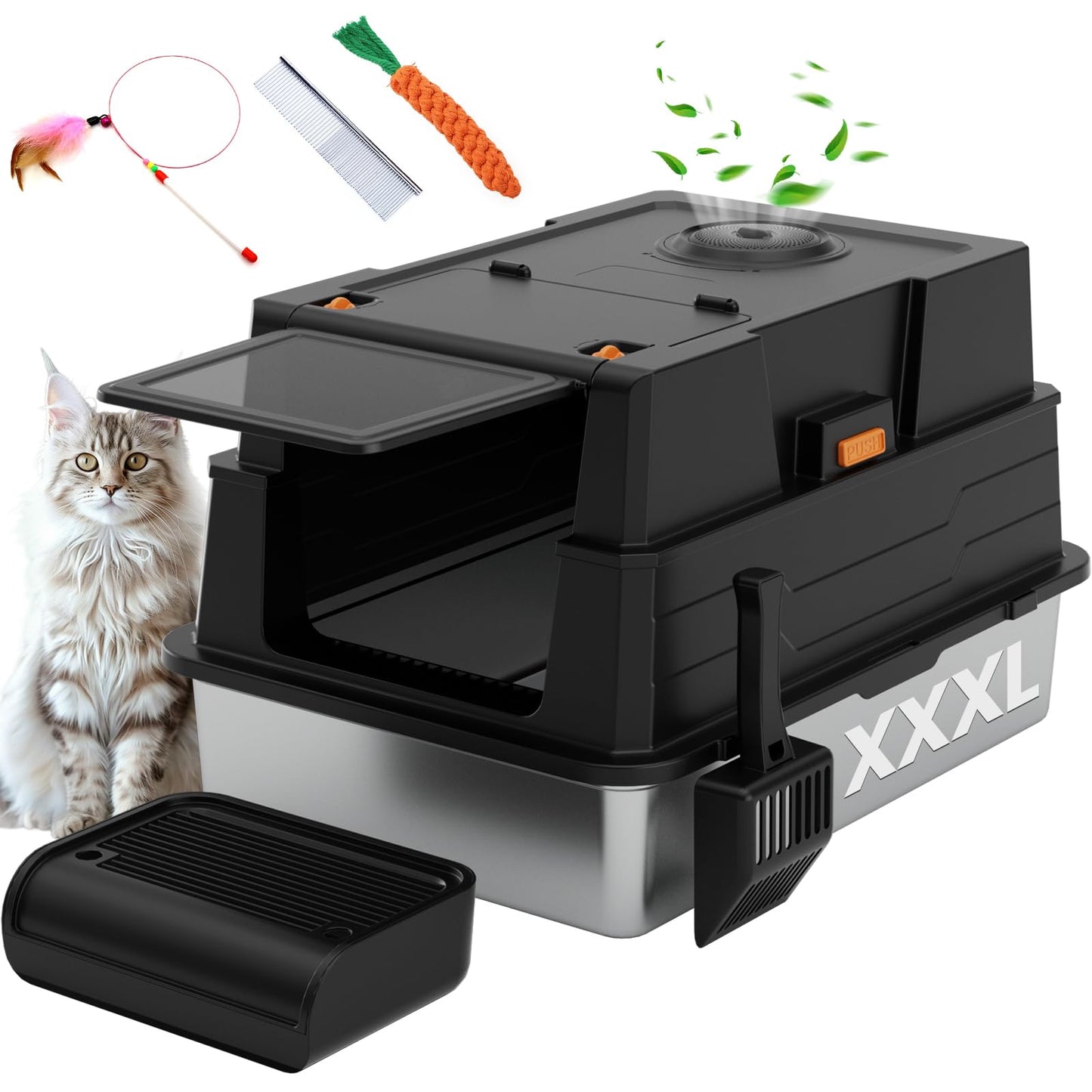 ANKJIWZ Enclosed Stainless Steel Litter Box XXXL, Extra Large 28" L x 20" W Metal Litter Box Enclosure with Cover and Foot Pedal and Scoop for Big Cats & Multiple Cats with High Sided, Easy Cleaning