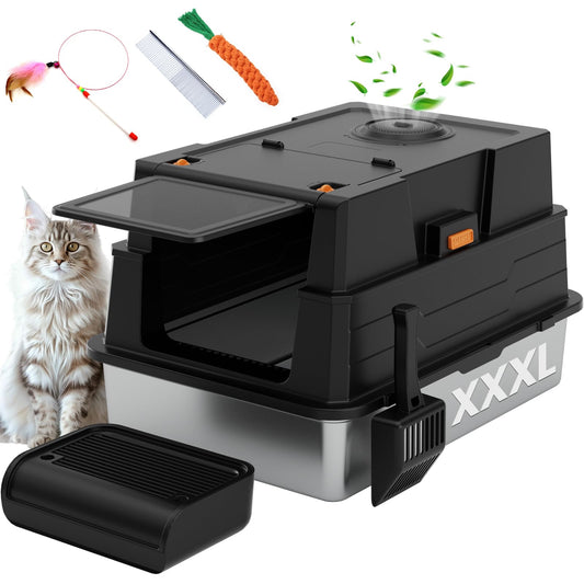 ANKJIWZ Enclosed Stainless Steel Litter Box XXXL, Extra Large 28" L x 20" W Metal Litter Box Enclosure with Cover and Foot Pedal and Scoop for Big Cats & Multiple Cats with High Sided, Easy Cleaning
