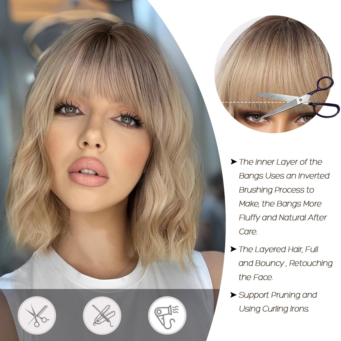 Allbell Blonde Wigs for Women,Short Wavy Bob Wig with Bangs,Synthetic Wigs,Ombre Blonde Wigs,Bob Wig with Dark roots,Heat Resistant Fiber Hair Wigs for Daily Cosplay