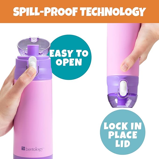 Bentology Stainless Steel 13oz Insulated Kids Water Bottle w Built In Straw- Easy to Open, Reusable BPA-Free, Fits in Most Lunch Boxes for Boys, Girls, School, Sports, Camp- Keep Drink Cold All Day