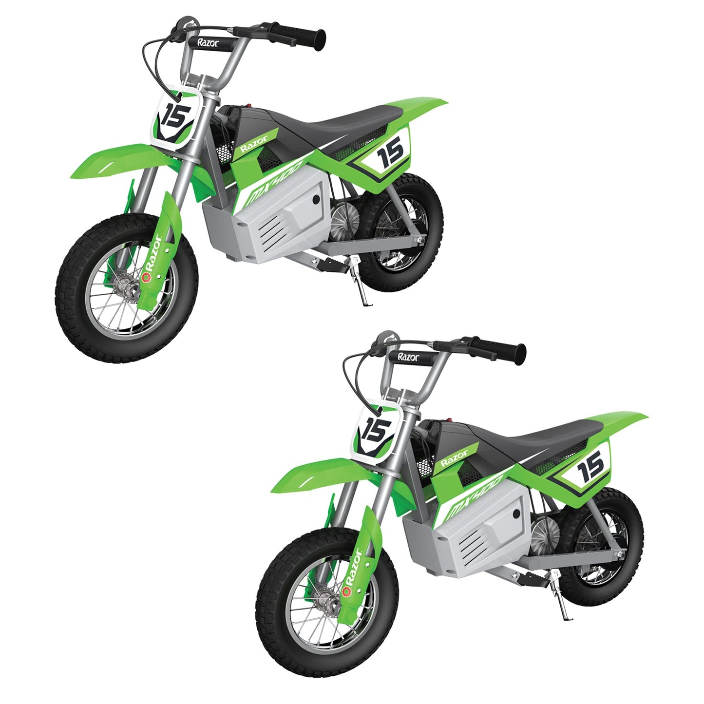 Razor MX400 Dirt Rocket 24V Electric Toy Motocross Dirt Bike with Hand-Operated Brakes and Retractable Kickstand, Green (2 Pack)