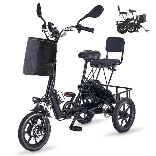 Electric Tricycle for Adults Foldable, 350W(Peak 500W) Folding Electric Trike, 3 Wheel Bikes for Adults with 480Wh Removable Battery, Trike Ebike with 2 Seats and Large Basket for Seniors Women Black