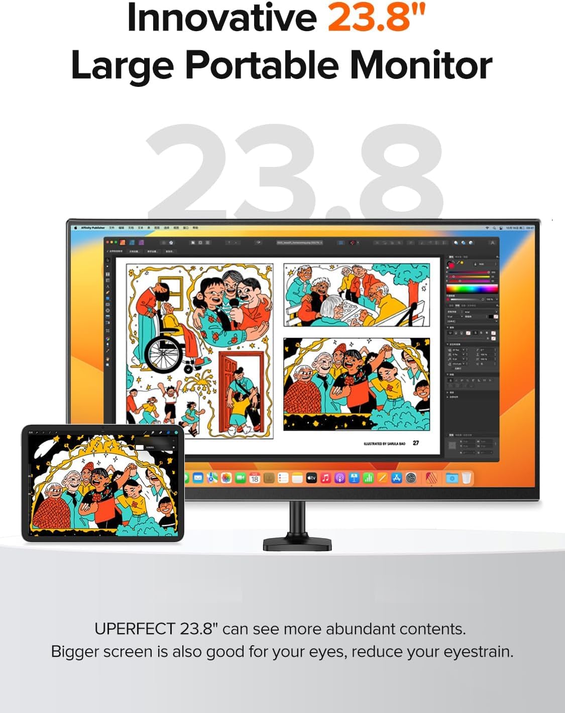UPERFECT 24" 120Hz Portable Monitor 1080P 100% sRGB with Built-in Stand & VESA, HDMI USB-C FHD Travel Monitor for Laptop/MacBook/SteamDeck/Phone/Mini PC, External Second Screen for Gaming & Work