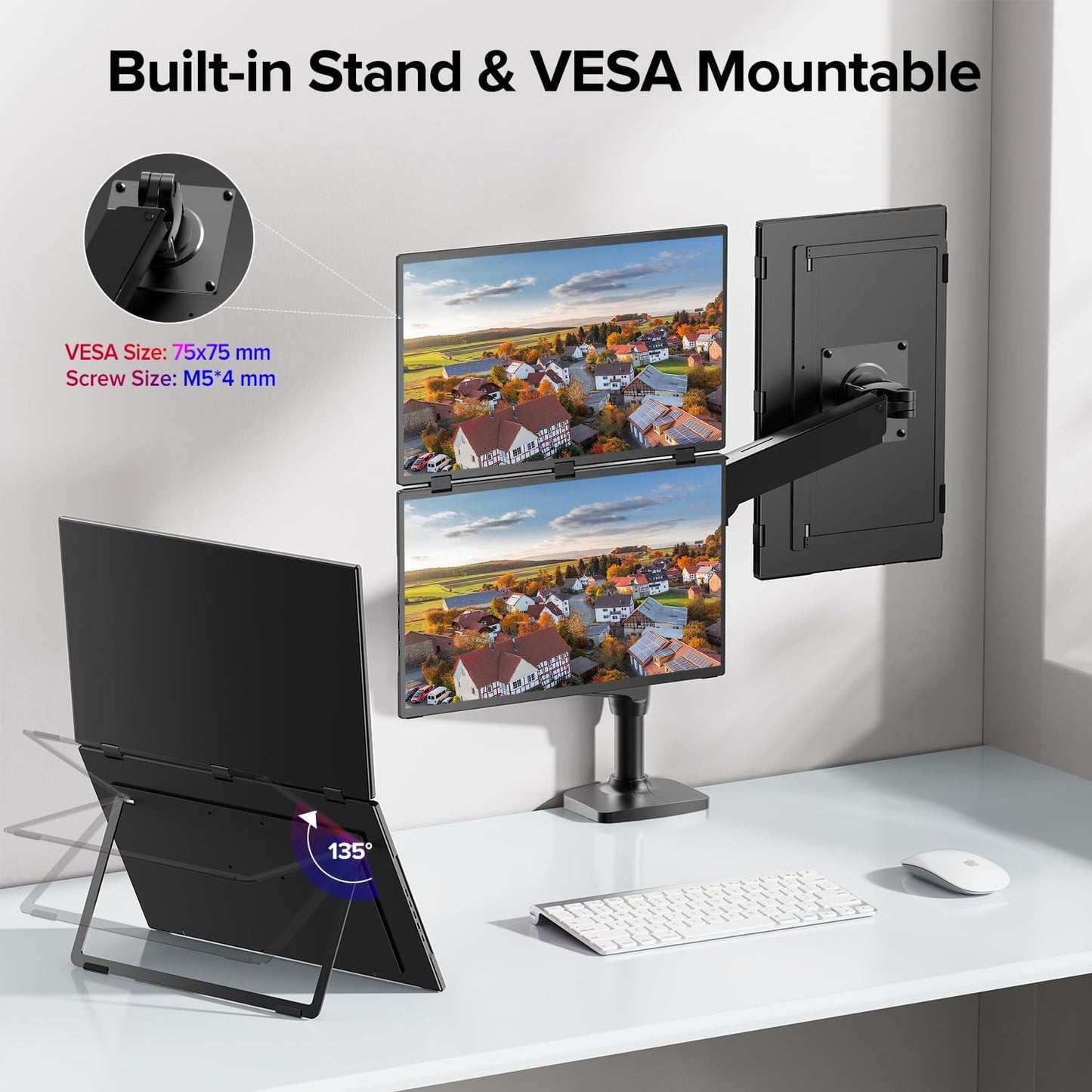 sibolan 18.5" Dual Screen Portable Monitor Set 100Hz, 100% sRGB, 1080P HDR - 330° Rotation, Folding Design, Versatile Solution for PC, Mobile Phone, Game Console, Including Stand, Plug and Play