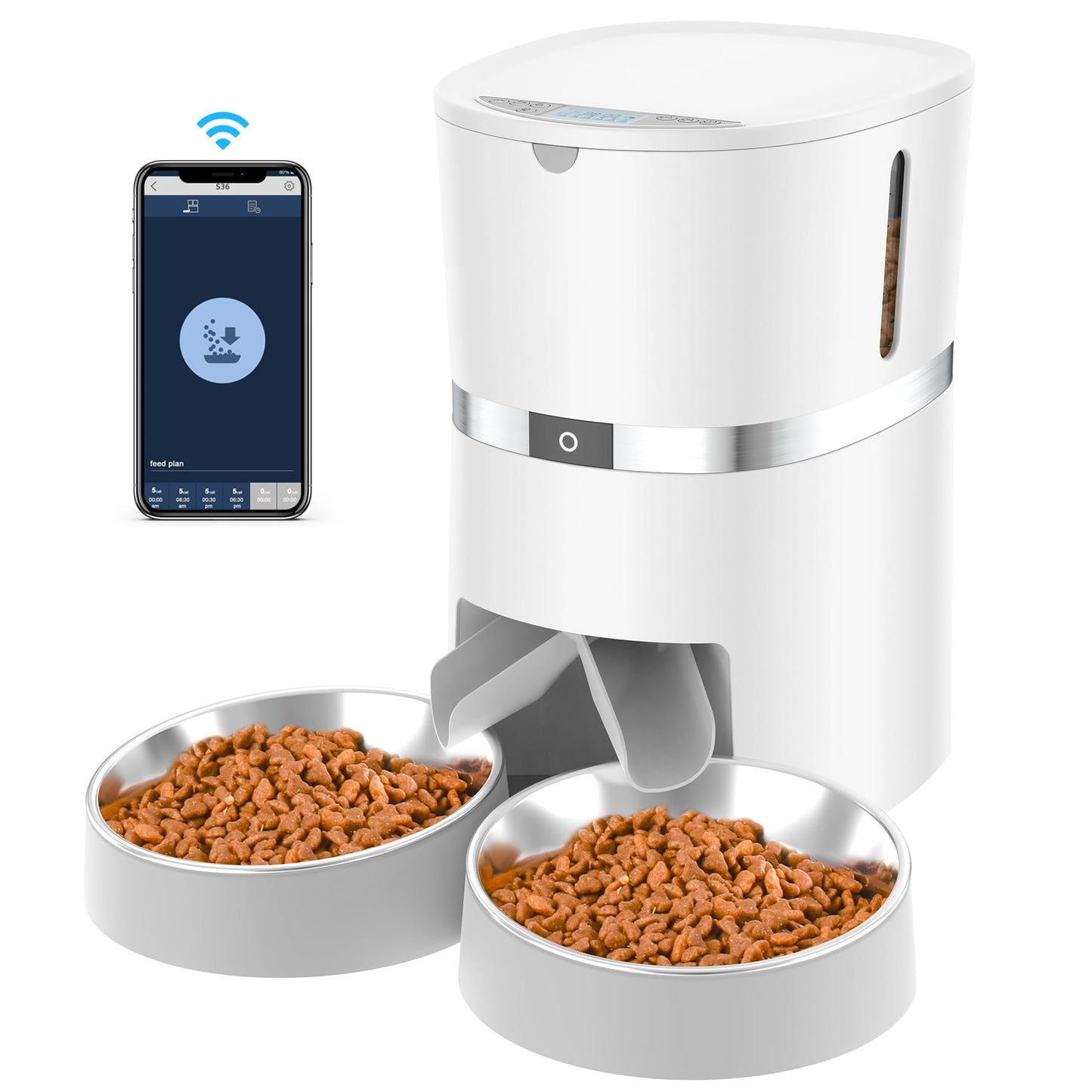 Automatic Cat Feeder, WellToBe Pet Feeder Food Dispenser for Cat & Small Dog with Two-Way Splitter and Double Bowls, up to 6 Meals with Portion Control, Voice Recorder - Battery and Plug-in Power