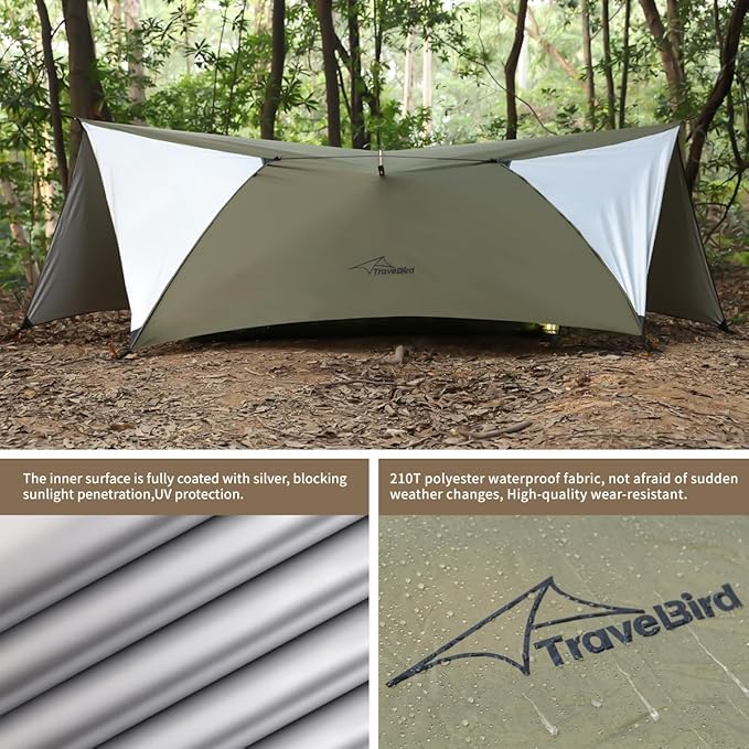 Camping Tent Tarp Waterproof, Ultralight Hammock Rain Fly, Portable Rain Tarp Canopy with Doors, Multifunctional Bushcraft Tarp for Outdoor Backpacking Hiking, UV Protection