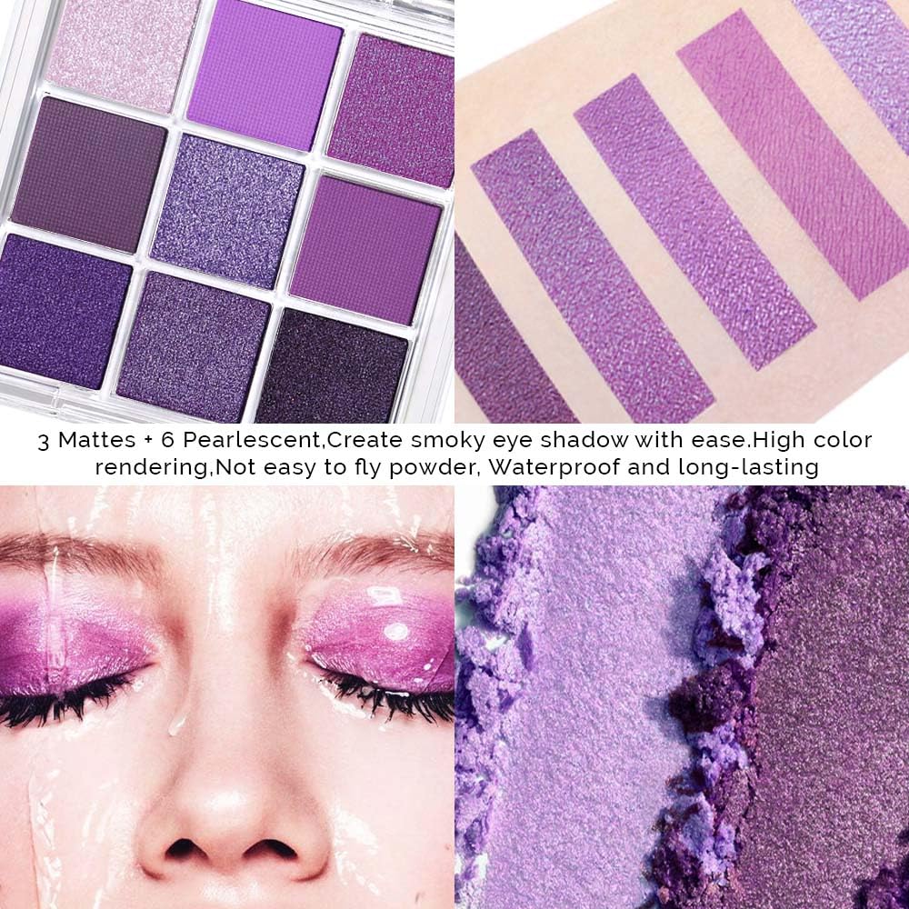 AMY'S DIARY Deep Light Purple Matte Shimmer Eye Shadow Palette Makeup,Eyeshadow Long Lasting Waterproof Cruelty-Free, 9 Blendable Shades in Smooth with Gorgeous Pearls for Girls (Purple palette)