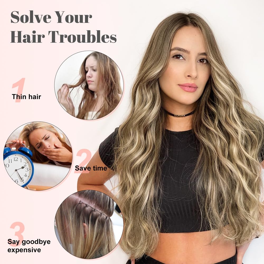 ALXNAN Clip in Hair Extensions for Women,Medium Brown Ash Blonde Long Wavy Hair Extensions Clip Ins 4PCS 20 Inch Synthetic Soft and Natural Thick Hair Pieces for Women