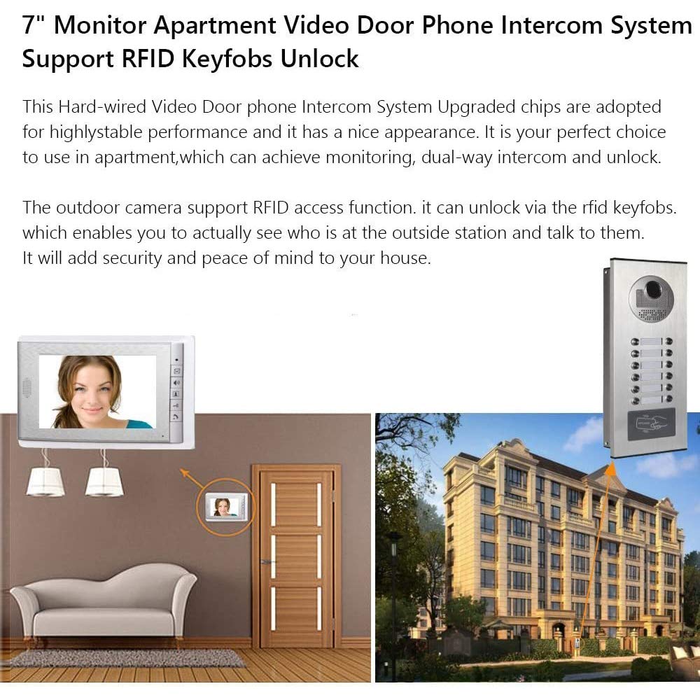 AMOCAM 3 Units Apartment Video Intercom System, 7 Inch Monitor Wired Video Doorbell Door Phone Kits, Indoor Outdoor IR Camera, ID Keyfob Unlock, Monitoring, 3-Monitors for Home Apartment