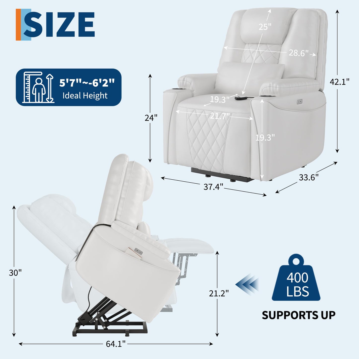 IDEALHOUSE Electric Power Lift Recliner Chair Sofa, Power Lift Chair for Elderly, 3 Positions, Side Pockets, and Cup Holders, USB Ports, Recliner Chair with Remote for Living Room, White