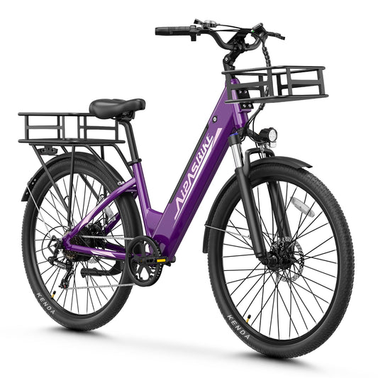 Aipas C1 Plus Electric Bike for Adults with 1100W Motor Peak, 48V 12.8Ah, Max 62 Miles 28MPH, 26" Step-Thru Electric Commuter Bike with 7-Speed and Suspension System with Basket Combo.