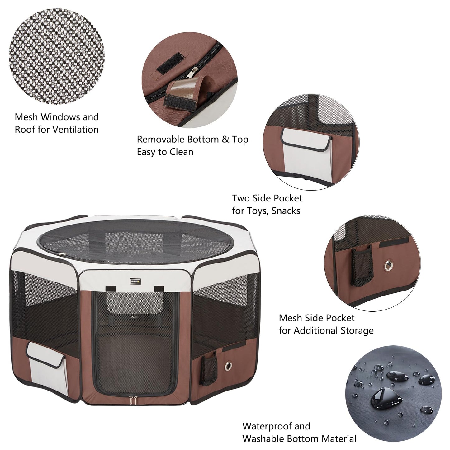DONORO Dog Playpen 46" Portable Pet Play Pens for Small Medium Dogs, Foldable Exercise Kennel Tent Crate Indoor/Outdoor Travel Camping, Removable Top/Bottom (Brown, Large (46"x46"x23"), 8)