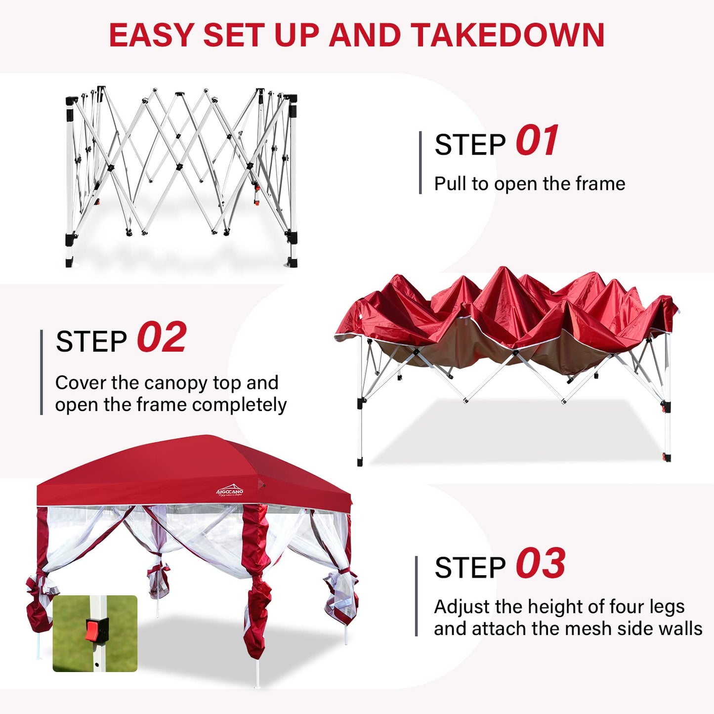 AIGOCANO Canopy Tent with Netting Screen,10x10 Easy Pop Up Gazebo for Outdoor Parties,Camping,Foldable Patio Gazebo with Roller Bag and 4 Sandbags (Red)