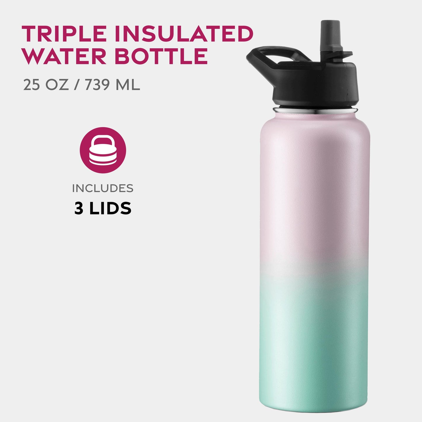FineDine Triple Walled, Insulated Water Bottles with Straw - 40 Oz Stainless Steel Metal Bottle W/ 3 Leak Proof Lids - For Travel, School, Sports, Gym / Men, Women & Kids - Dreamy Pink-Green