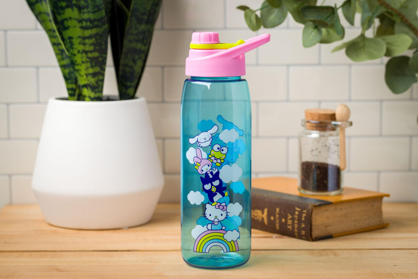 Silver Buffalo Sanrio Hello Kitty and Friends on a Rainbow Featuring Badtz-Maru, My Melody, Keroppi, and Cinnamoroll Water Bottle with Screw Lid, 28 Ounces