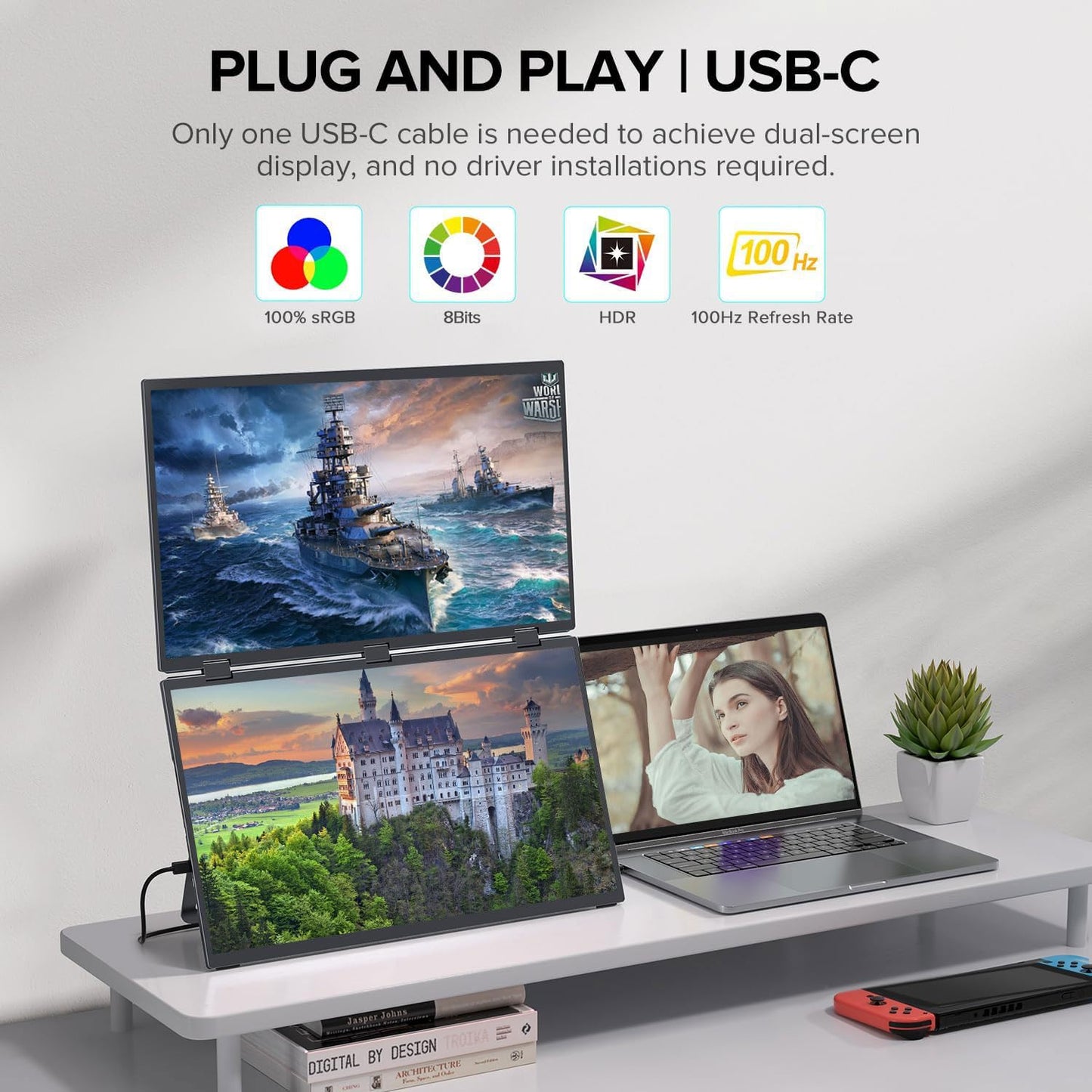 sibolan 18.5" Dual Screen Portable Monitor Set 100Hz, 100% sRGB, 1080P HDR - 330° Rotation, Folding Design, Versatile Solution for PC, Mobile Phone, Game Console, Including Stand, Plug and Play