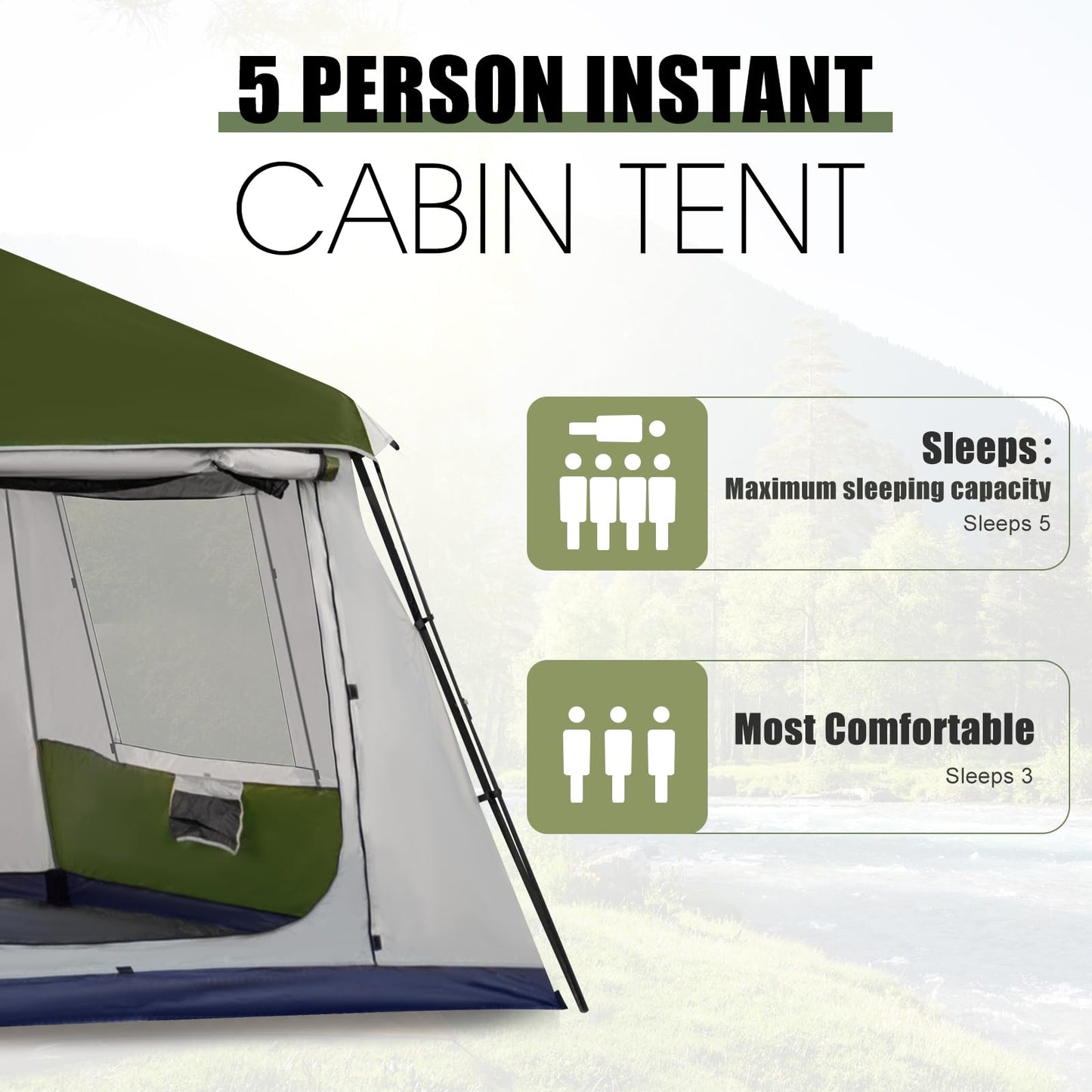 YOLENY Camping Tent, 3/6 Person Pop-Up Family Tent for Instant Setup, Spacious Interior-10' x 9', 3000mm Water-Resistant with Rainfly, 2 Windows & 2 Doors, Backpacking Tents for Travel, Hiking, Green