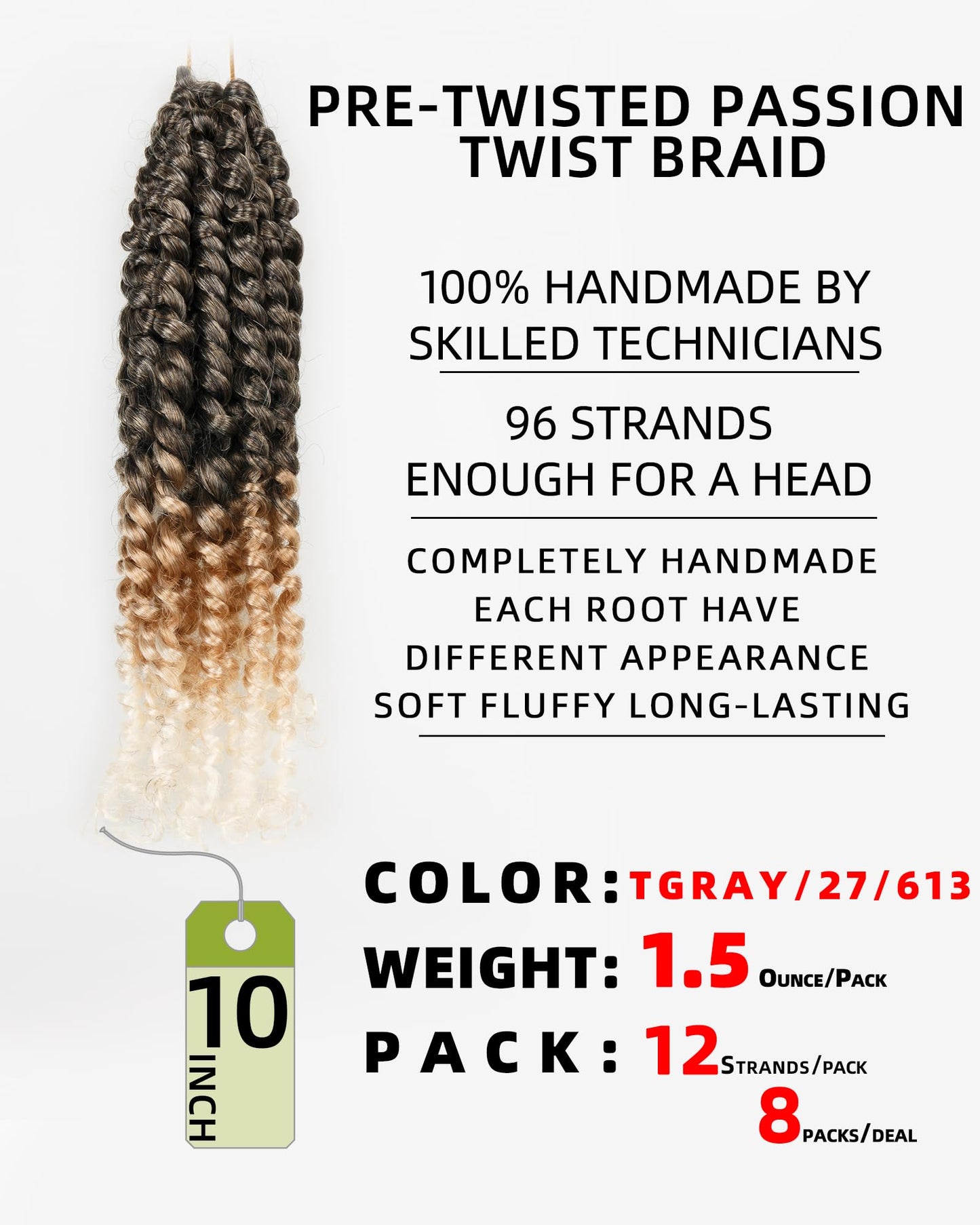 10 Inches 8 Packs Short Passion Twist Crochet Hair for Black Women and Kids-3 Tones Ombre Gray to Blonde to Off-white, Pre Looped Pretwisted Crochet Hair Extension(10"-8 Packs,Gray/27/613)