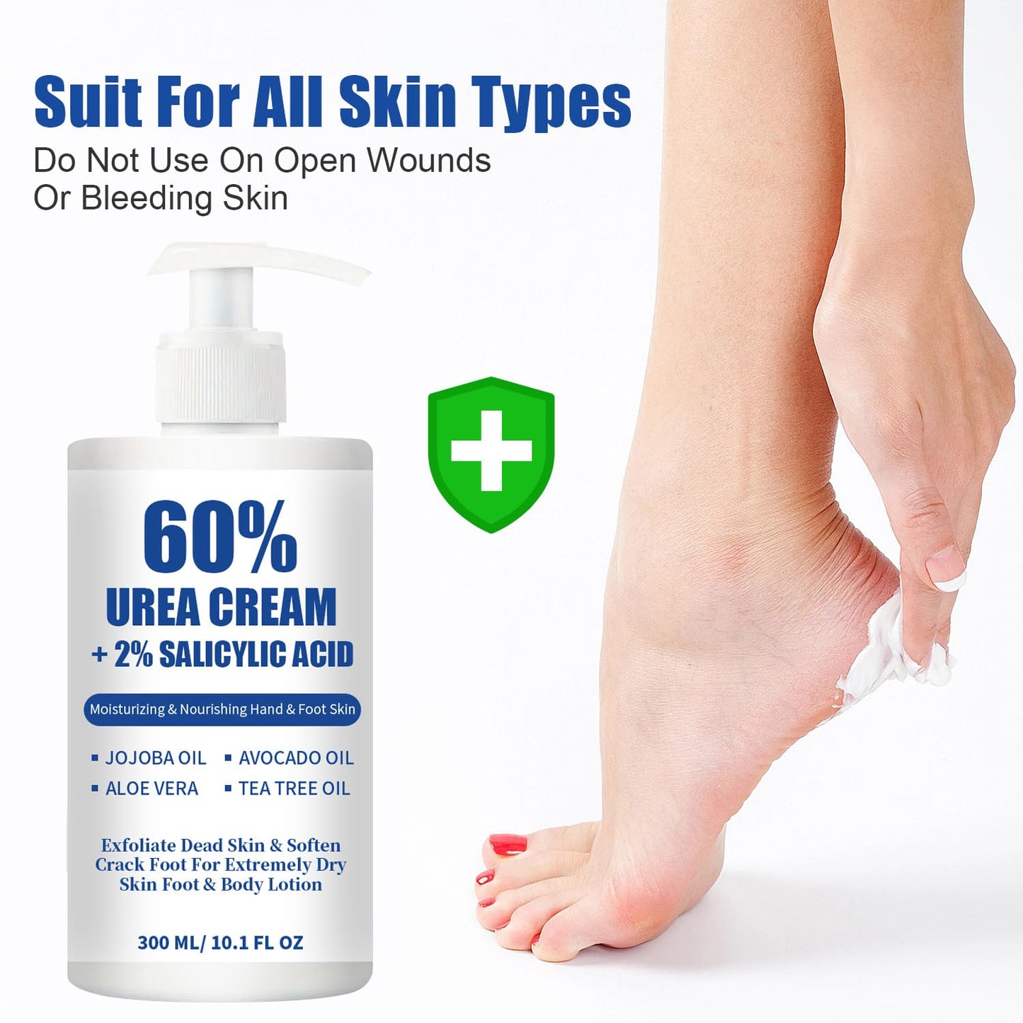 Urea Cream 60% plus 2% Salicylic Acid for Feet Maximum Strength - Lotion For Dry & Cracked Feet Elbows Knees Heels Hands, Hydrates Foot Care for Softening, Callus Remover 10.1oz (60%, 300ml)