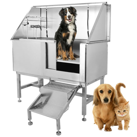PioneerWorks 50" Pet Dog Grooming Bathing Station, Professional Stainless Steel Dog Grooming Tub w/Removable Ramp, Storage Drawer, Floor Grate, Dog Bathtab for Large, Medium & Small Pets, Right Door