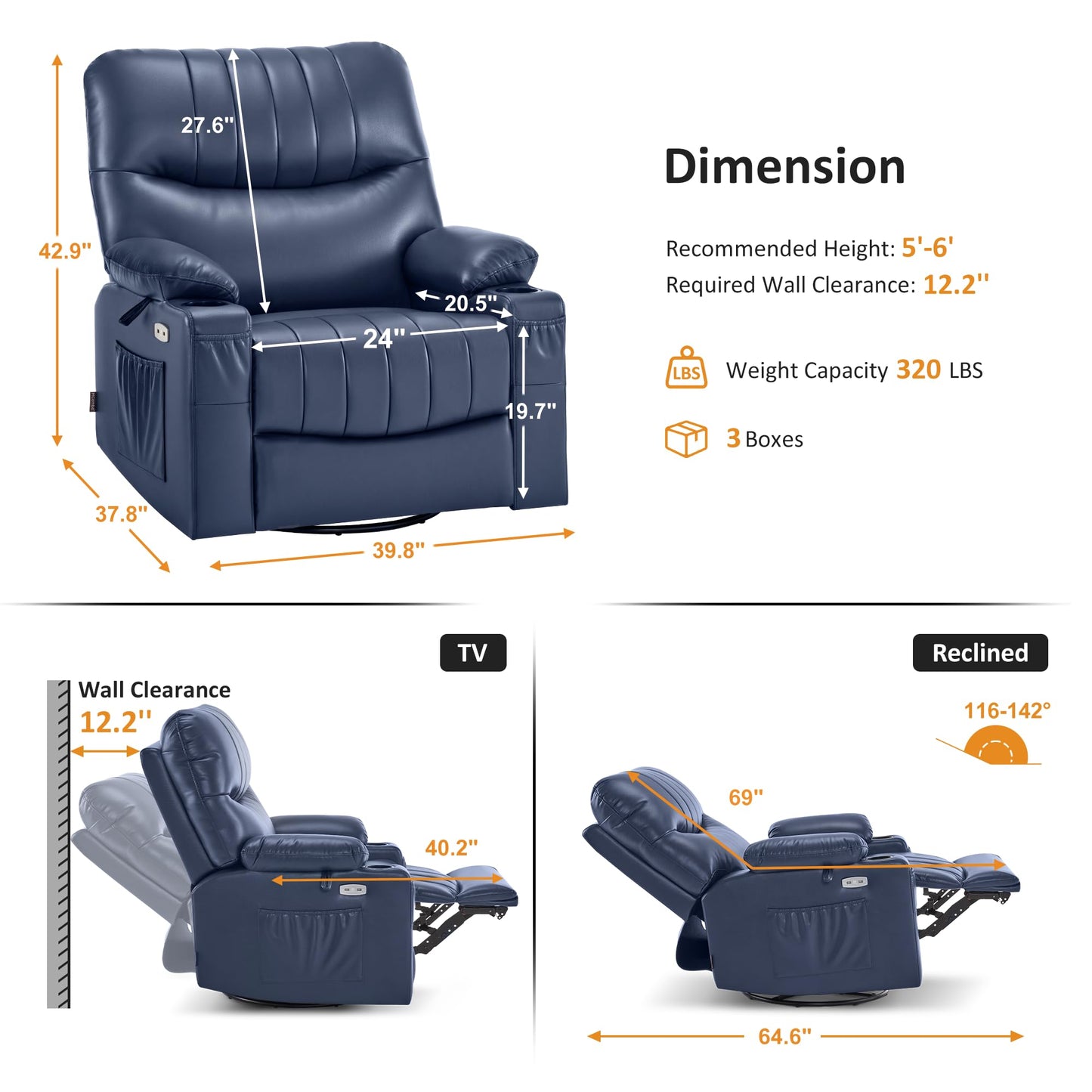 MCombo Power Swivel Glider Rocker Recliner Chair for Living Room with Vibration and Heat, USB Ports, Cup Holders and Pockets, Faux Leather 7785 (Navy Blue)