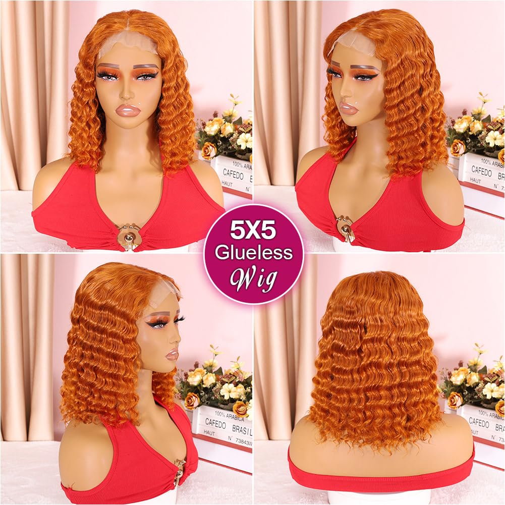 Ailwelia Ginger Deep Wave Wig Human Hair Bob 12Inch Curly Bob Wig 200% Density Ginger Bob Wig Human Hair 5x5 Hd Lace Closure Wigs Human Hair Glueless Wigs For Black Women