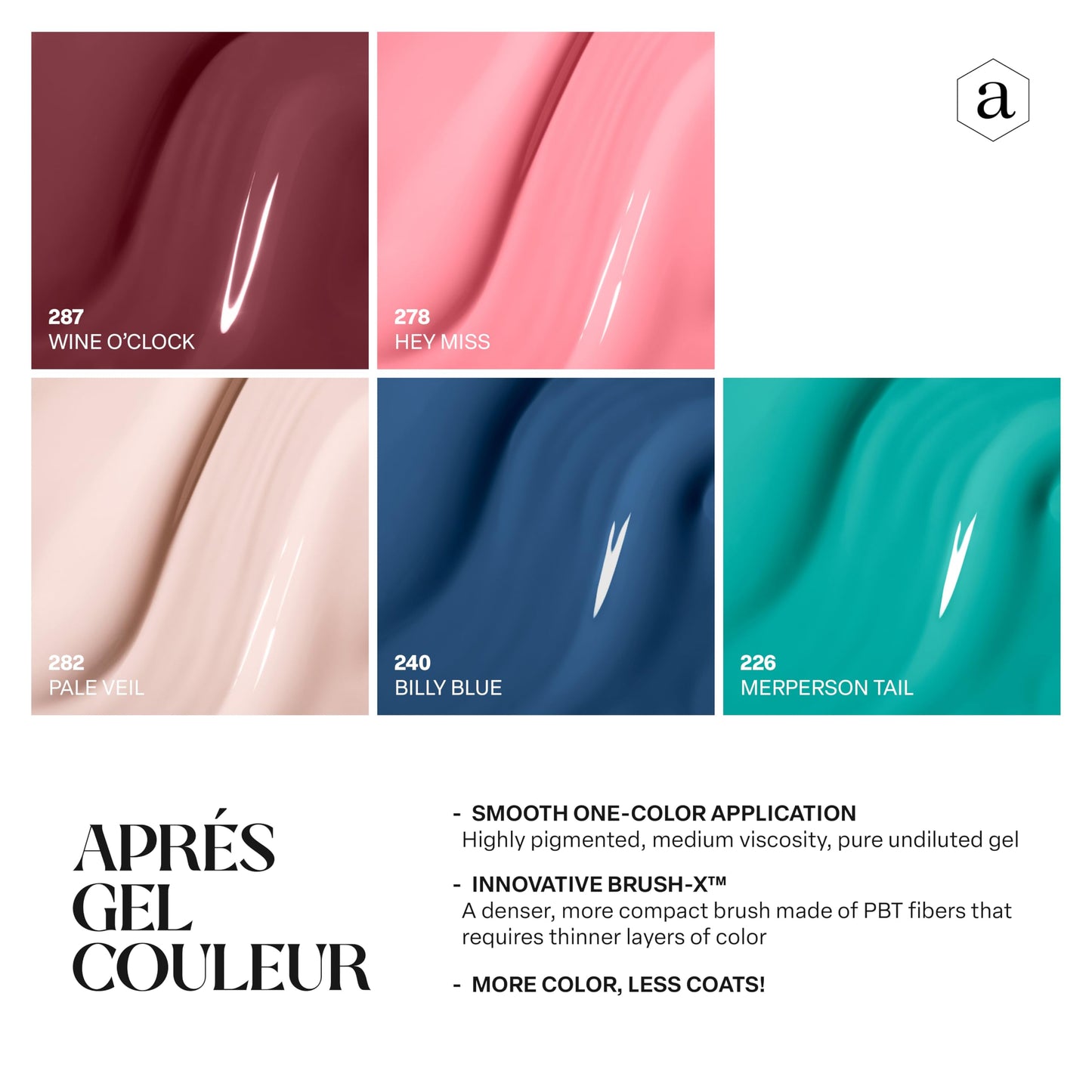 Apres Gel Couleur Combo Set, 5 Color Gel Nail Polish, Bright Nude Pastel Colors with Brush-X Nail Art Brush, 2024 Edition (Set 10)