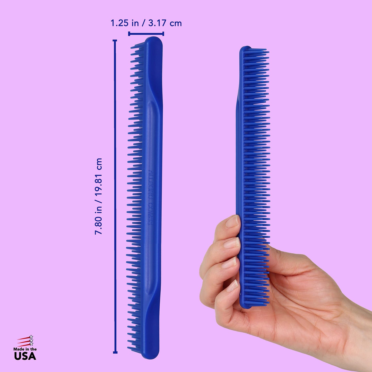 Allegro Combs 3-Row Detangling Comb, Wide Tooth Curl Defining Brush, Perfect for Curly Hair Stylists, Made in USA, Royal Blue, 1 Piece (#70)