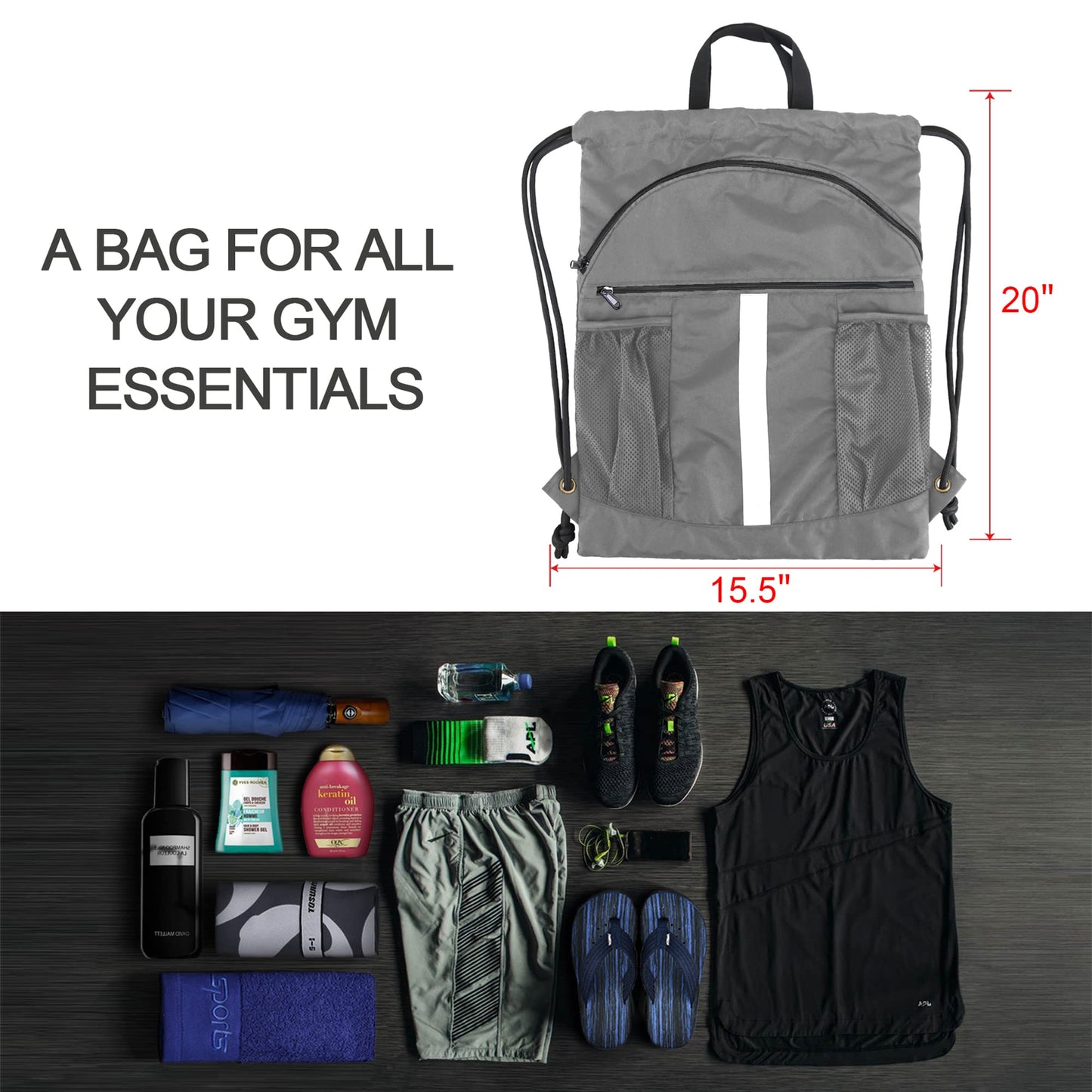 BeeGreen Grey Drawstring Backpack Bag with Shoe Compartment X-Large Black Gym Sports String Cinch Backpack Athletic Sackpack Mesh Water Bottle Holders for Women Men