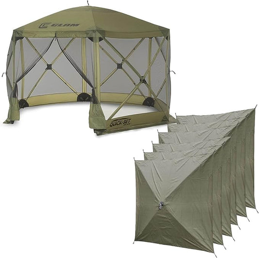 CLAM Quick-Set Escape 11.5 x 11.5 Ft Portable Pop-Up Outdoor Camping Screen Tent 6-Sided Canopy Shelter w/Carry Bag & 6 Sun and Wind Panels, Green