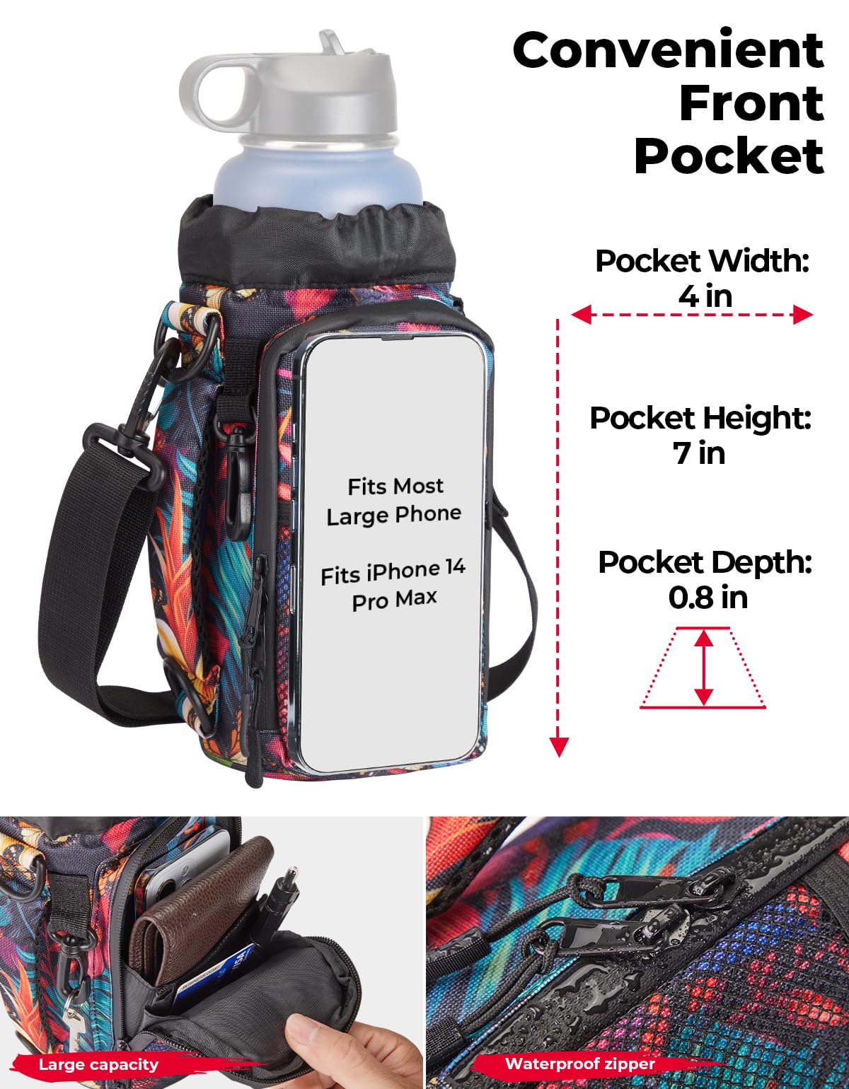 KEMIMOTO Water Bottle Holder Bag, Water Bottle Carrier with Adjustable Shoulder Strap, Water Bottle Pouch Holder for Hiking, Camping, Fishing, Compatible with YETI Stanley SLM 32 oz, 40 oz, 64 oz