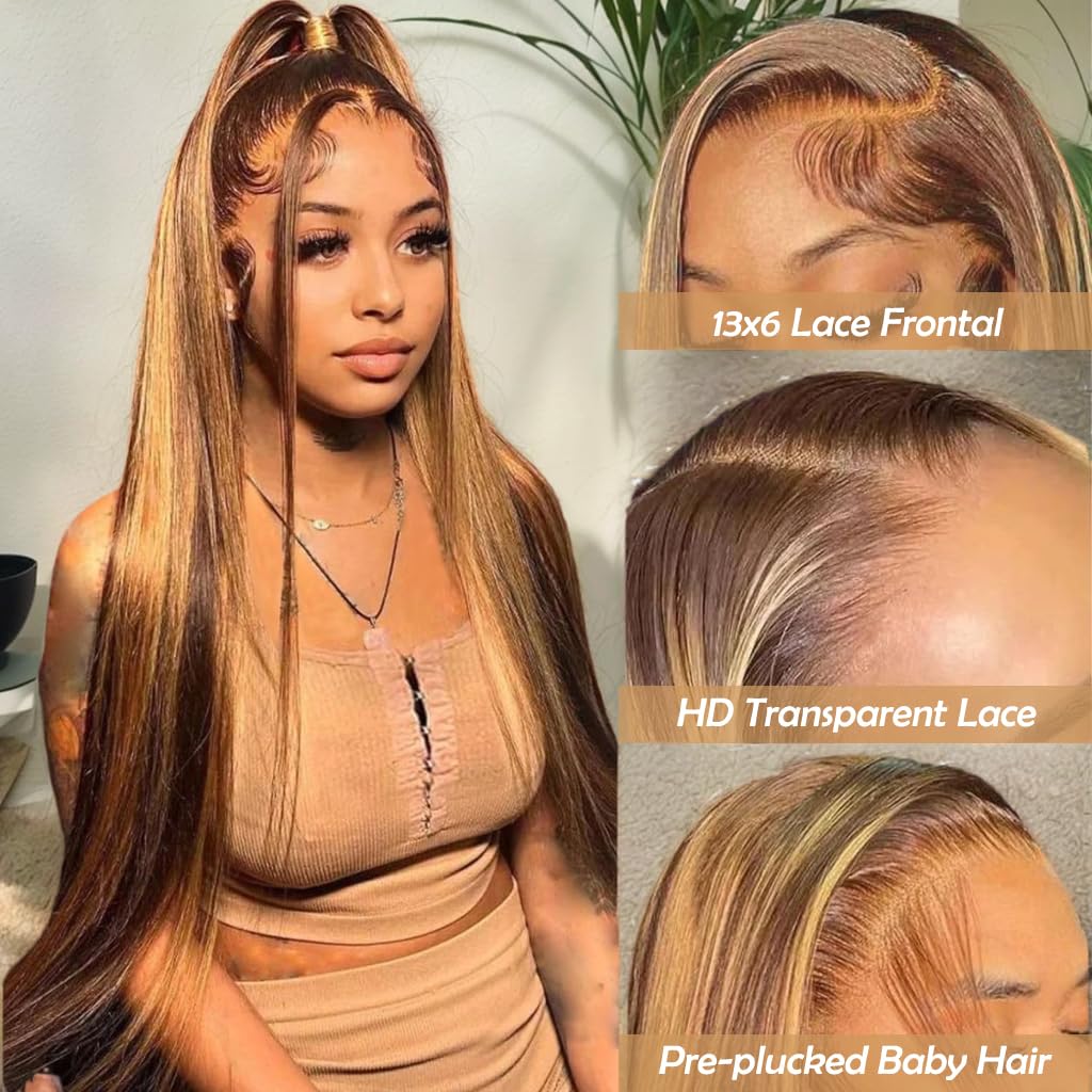 ALLRUN Highlight Lace Front Wig Human Hair 13x6 Highlight Wigs Human Hair Straight P4/27 Highlight Ombre Human Hair Honey Blonde Wig Hd Lace Front Wigs Pre-Plucked With Baby Hair 22 Inch