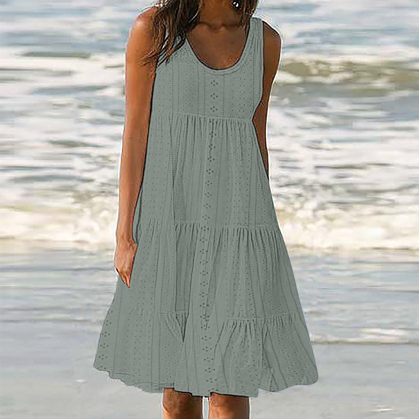 Anjikang clearance items for women Summer Dresses for Women 𝟮𝟬𝟮𝟰 Sleeveless Beach Tank Dresses Tiered Ruffle Swing Dress Casual Solid Color Dresses, Large