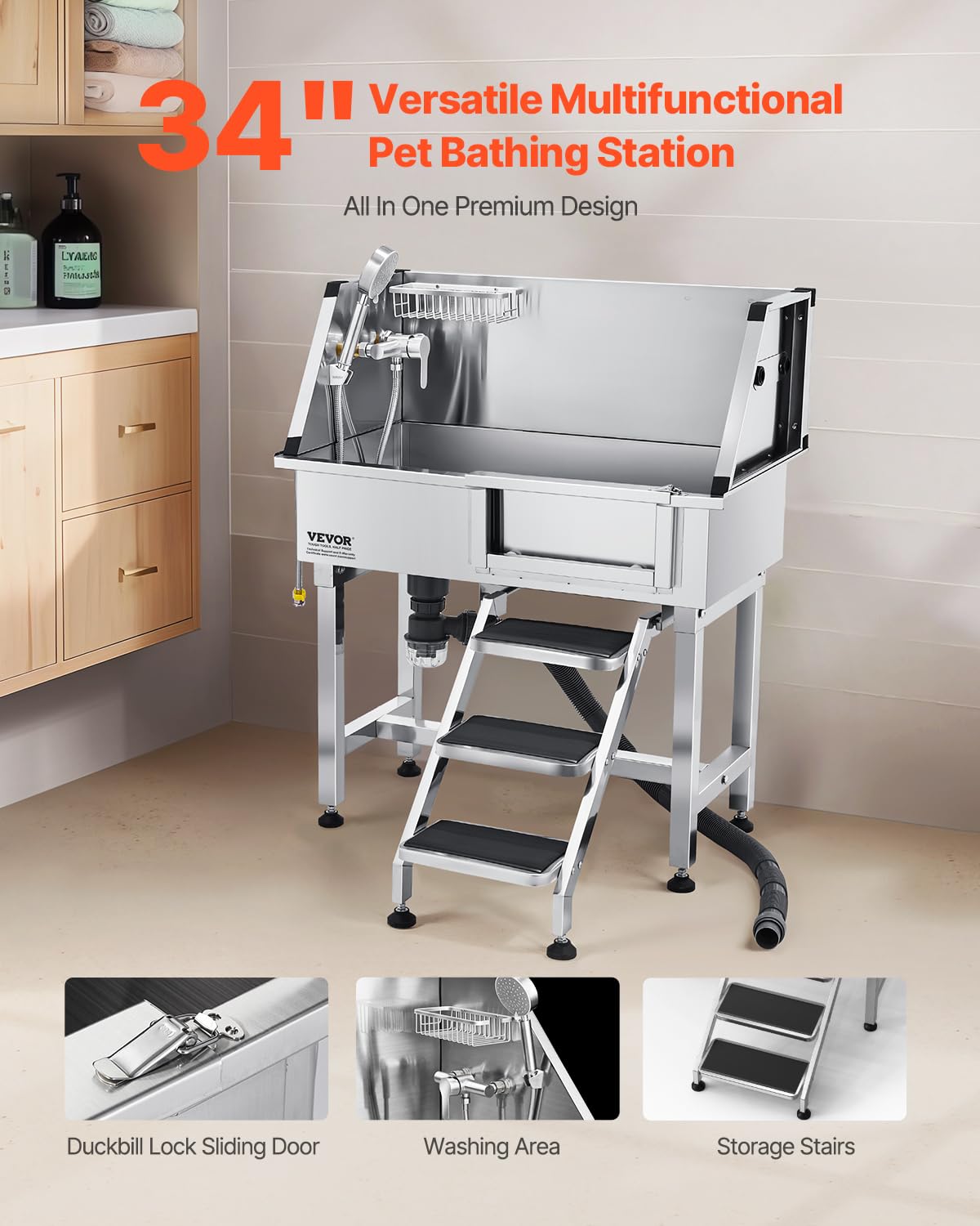 VEVOR Stainless Steel Dog Washing Station, 34 inch Pet Grooming Tub w/Storage Stairs, Faucet & Showerhead & Soap Holder Dog Bathtub, Pet Wash Station for Medium & Small Pets (Right Door)