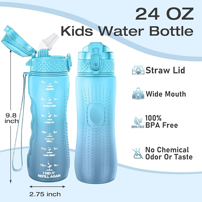 OLDLEY Kids Water Bottle for School, 25 oz (Straw Lid) BPA-Free Reusable Leak-proof Durable Tritan Plastic Water Bottles with One-handed Opening Straw Lids, Anti-dust Spout Cover (Bluenavy)
