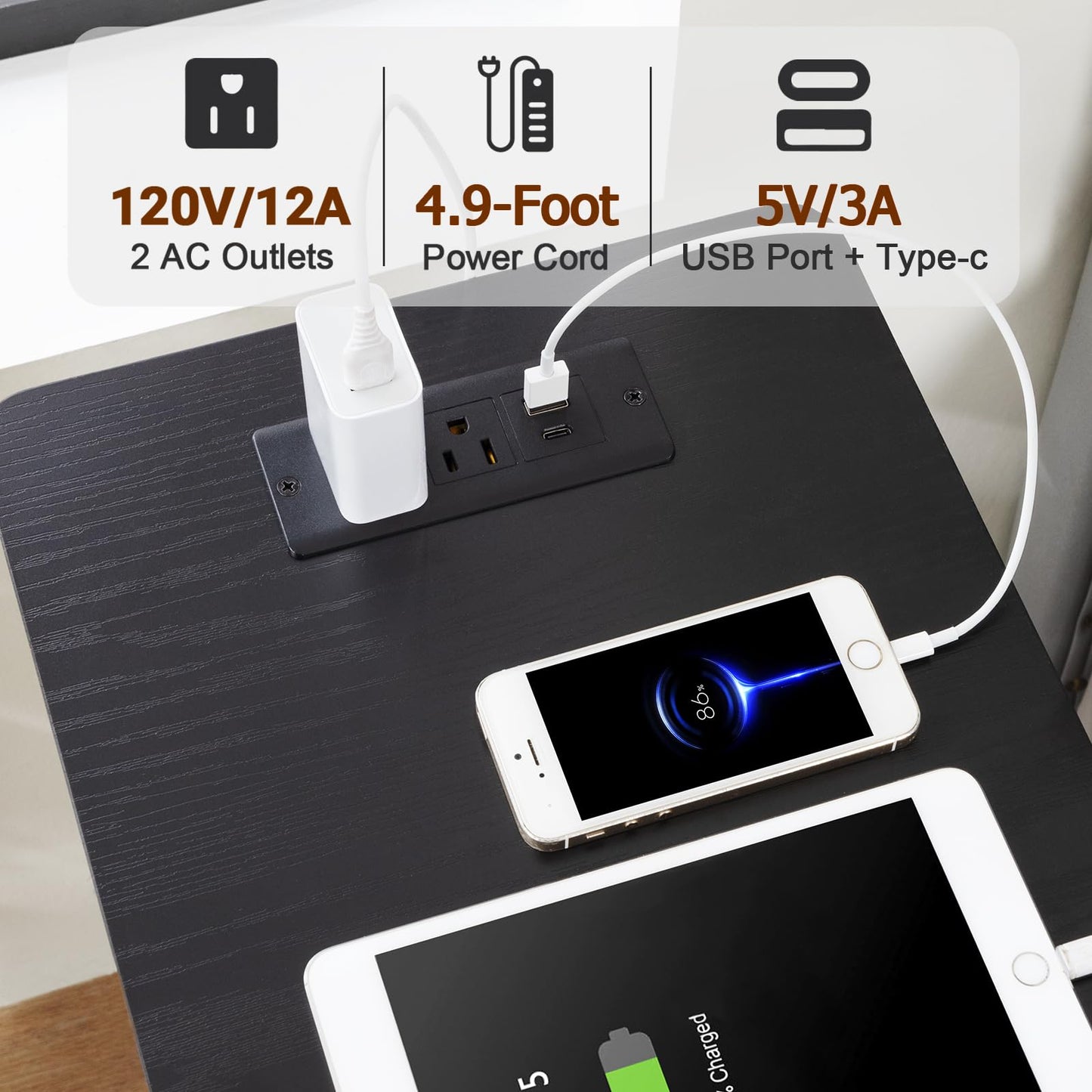 AMHANCIBLE End Tables Living Room with Charging Station, Narrow Side Table with USB Ports and Outlets, Slim Nightstand with 3 Fabric Drawers for Bedroom, Small Space, Black, HETN013BK-1
