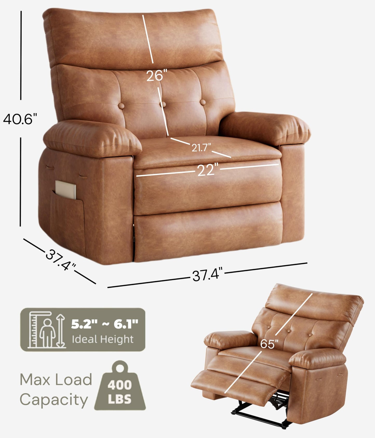 GarveeHome Oversized Recliner Chair - Faux PU Leather Large Manual Recliner for Adults, Exceptional Comfort Lazy Chair with 1.5X Sponge Filling and Easy Recline Mechanism for Relaxation