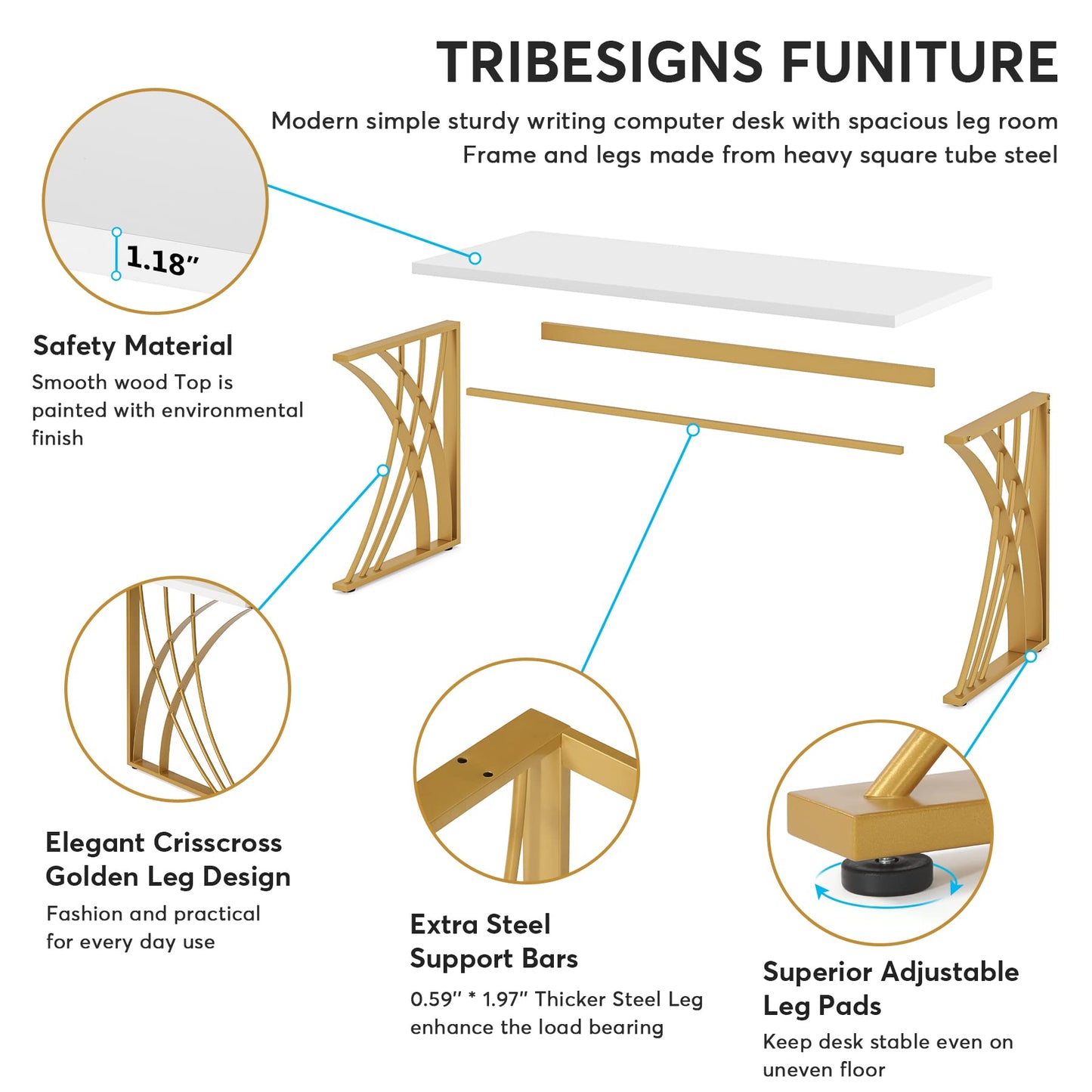 Tribesigns 55’’ Large Modern Computer Desk, White & Gold Luxury Laptop PC Student Table, Makeup Vanity Table with Thick Frame & Strong Legs, Sturdy Writing Workstation for Home & Office